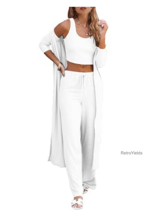 Other - 3 Piece Lounge Pajamas Set - Vest Top Wide Leg Pants Cardigan